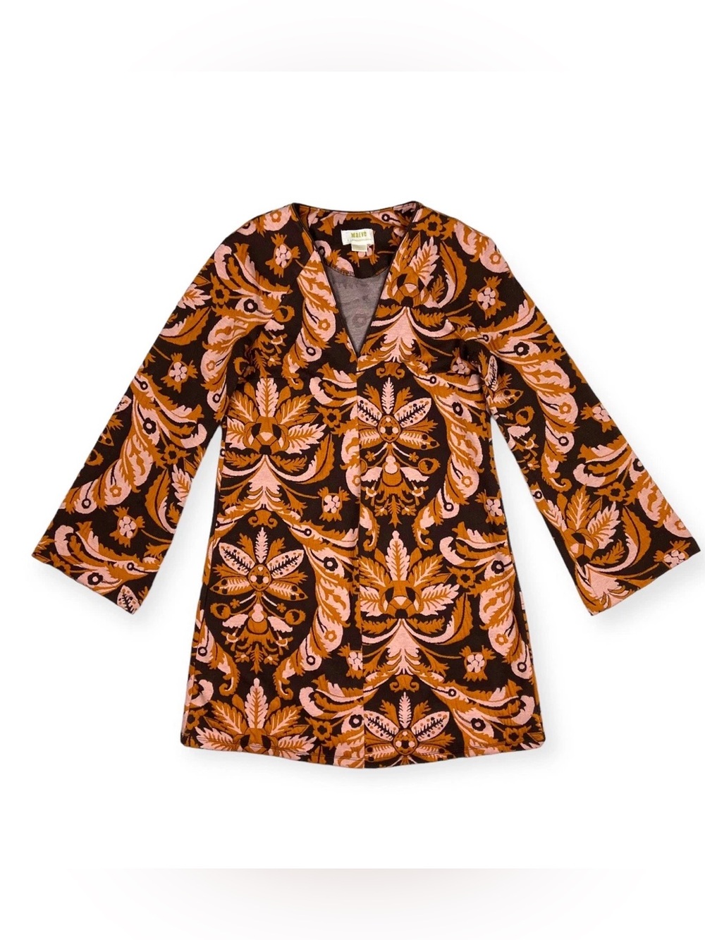 MAEVE Retro Damask Brown Orange & Pink Bell Sleeve V-Neck Mini Dress
